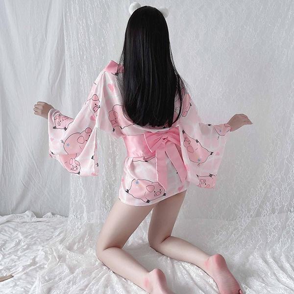 Áo chàng ngủ cosplay Kimono Nhật Bản xẻ ngực sexy quyến rũ đồ ngủ cao cấp phối hình bé heo thỏ đáng yêu BIKI HOUSE N743