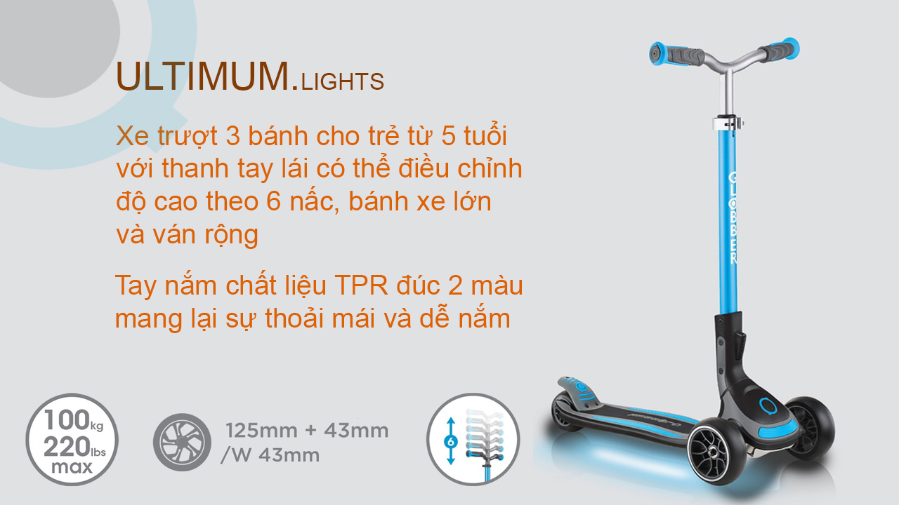 Xe trượt scooter 3 bánh GLOBBER ULTIMUM LIGHTS cho trẻ em từ 5 tuổi - Xanh da trời