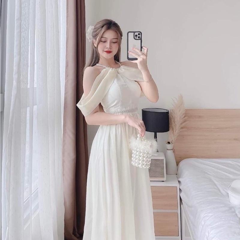 Váy đầm nữ màu trắng dự tiệc dáng xòe cổ tròn đính cườm kiểu trễ vai cực duyên dáng và thanh lịch