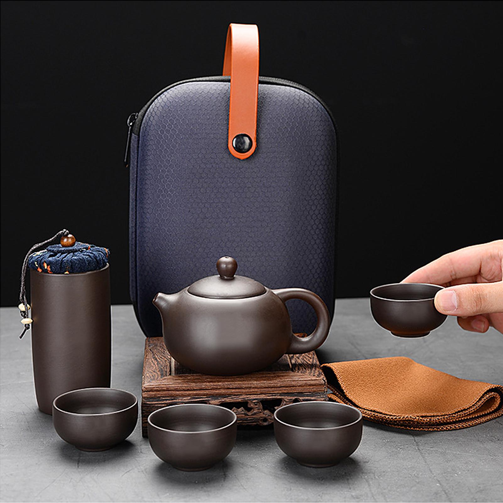 Ceramic Purple Sand Tea Set Portable Outdoor Travel Tea Pot and Cups Set with Towel Tea Canister and Carry Bag