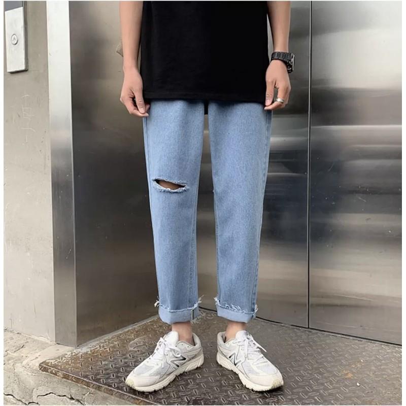Quần Jean Baggy nam đen+ xanh sky rách gấu+ gối style hàn quốc 2021