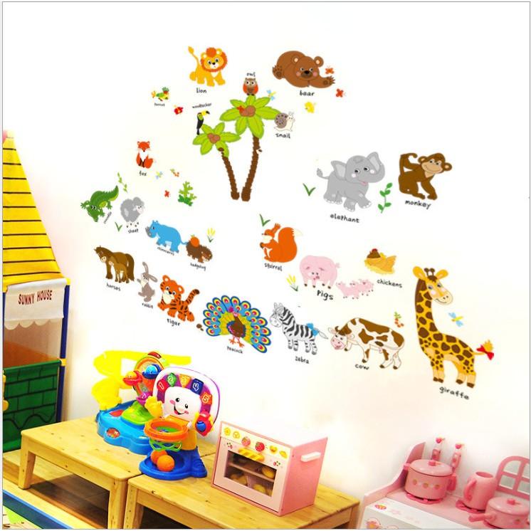 Decal dán tường trang trí - THÚ TIẾNG ANH HOẠT HÌNH MỚI