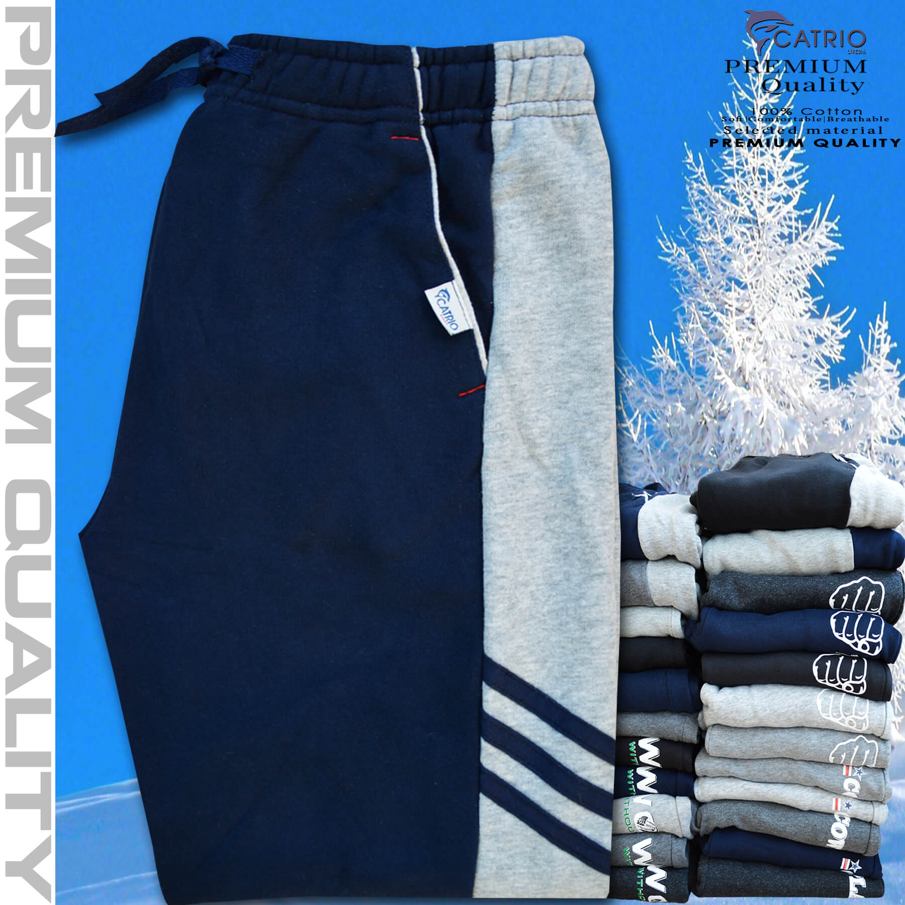 Quần dài bé trai vải 100% cotton PHỐI SƯỜN màu NAVY pha XÁM là quần nỉ trẻ em CATRIO từ 9 tuổi đến 18 tuổi phù hợp thời tiết se lạnh mùa thu đông với kiểu dáng thể thao tuyệt đẹp