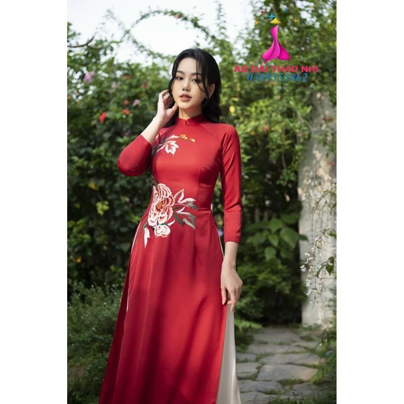 ÁO DÀI LỤA MANGO THÊU HOA MẪU ĐƠN MÀU CAO CẤP