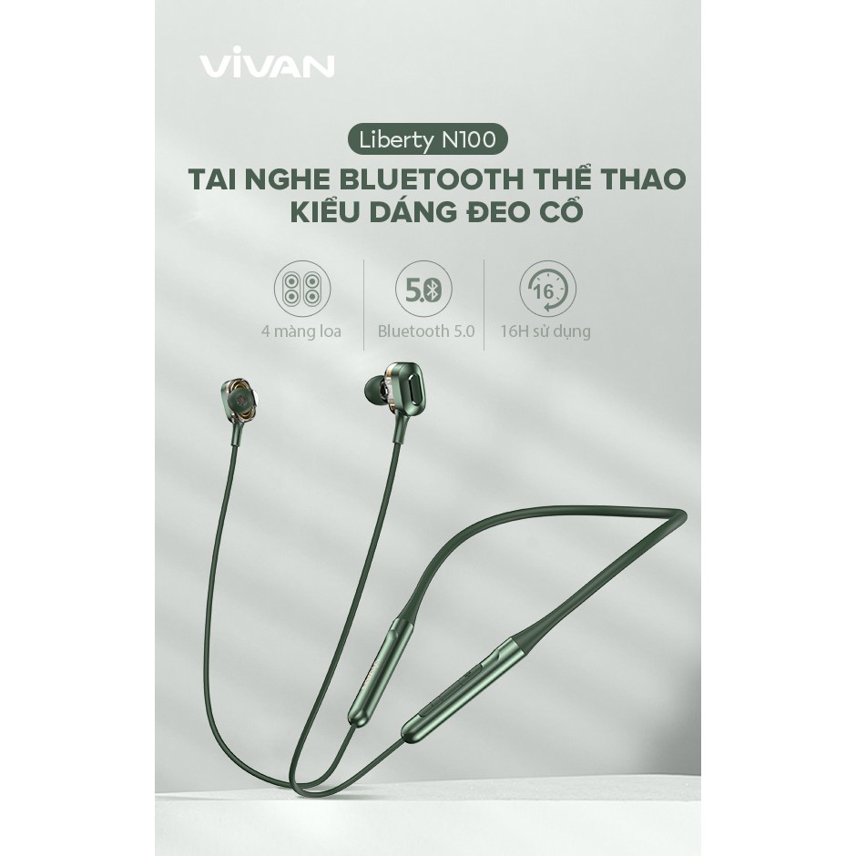 Tai Nghe Bluetooth Đeo Cổ Thể Thao VIVAN Liberty-N100 Chuẩn Kháng Nước IPX4 - Hàng Chính Hãng