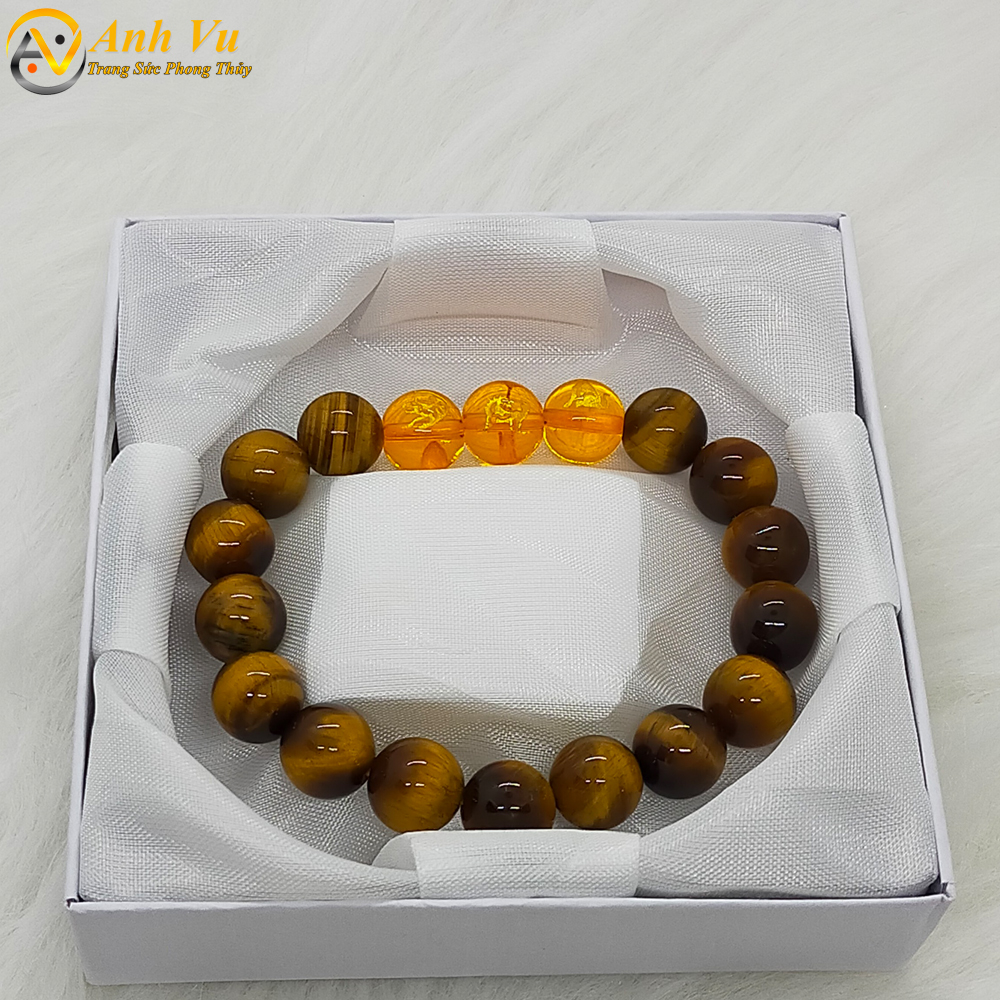 Vòng phong thủy đá mắt hổ vàng nâu tự nhiên - Vòng tam hợp quý nhân dần ngọ tuất - May mắn tài lộc bình an