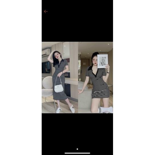 Váy,đầm body kẻ đen trắng cổ đức,cotton co dãn