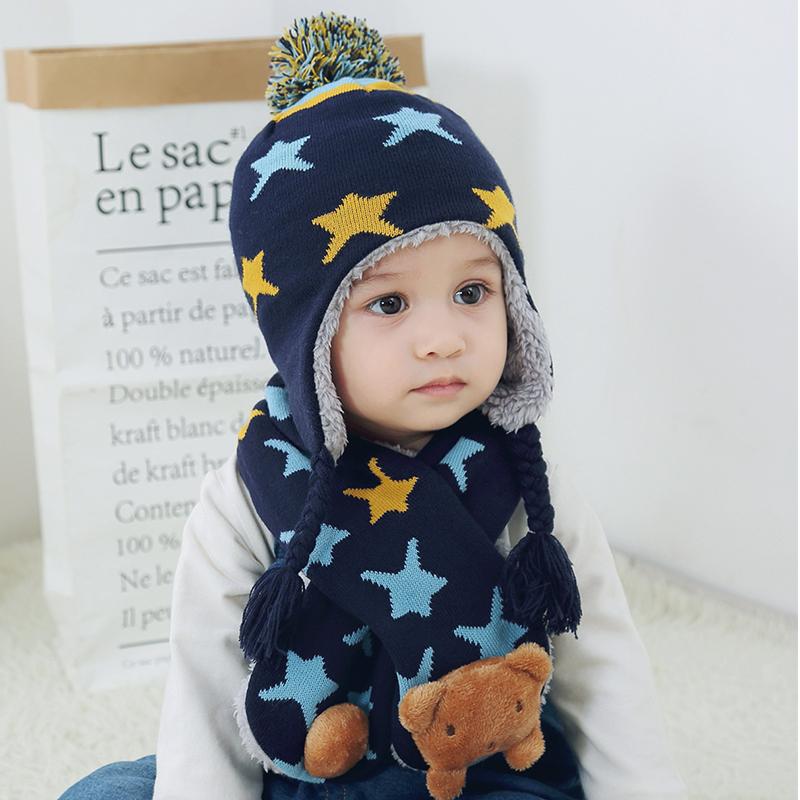 Dễ Thương Cotton Dệt Kim Mũ Len Cho Bé Quốc Dày Ấm Bé Gái Bé Trai Mũ Bò Mùa Đông Tai Ấm Áp Trẻ Em Bonnet trẻ Em Khăn Mũ Bộ