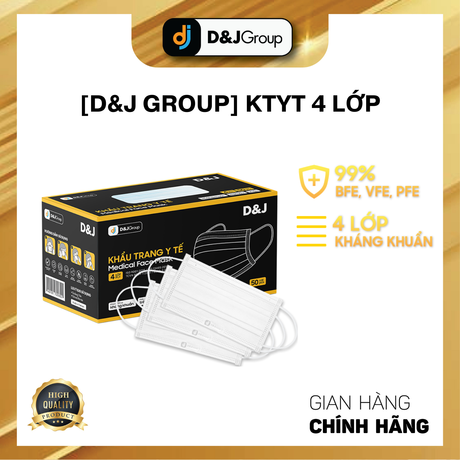 [COMBO 2 HỘP - KTYT 4 LỚP D&amp;J] Khẩu trang y tế người lớn 4 lớp kháng khuẩn (50 cái/ hộp