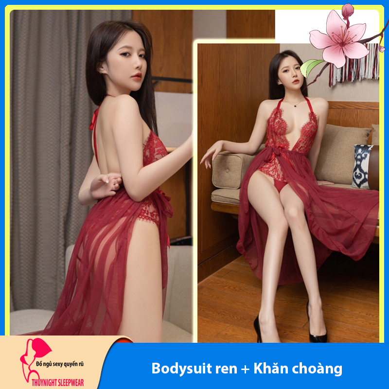 Váy ngủ bodysuit ren kèm khăn sexy gợi cảm P34 - Đầm ngủ bodysuit ren xuyên thấu quyến rũ - Đồ ngủ nữ