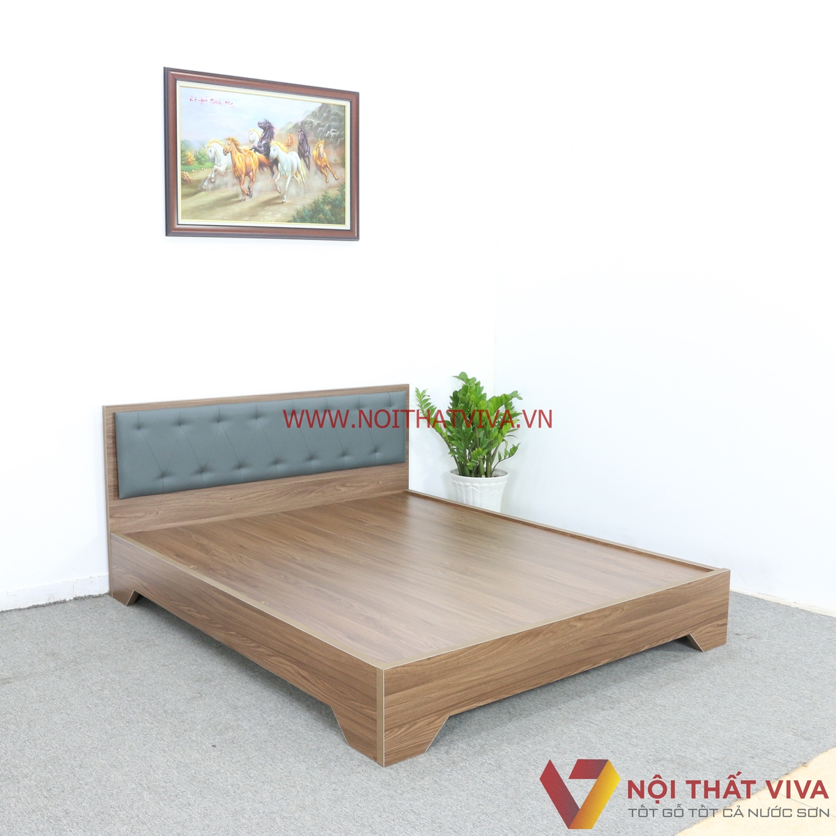 Giường Ngủ Gỗ MDF Melamine Màu Óc Chó Chân Cao Đầu Nệm Đen Đẹp Giá Rẻ