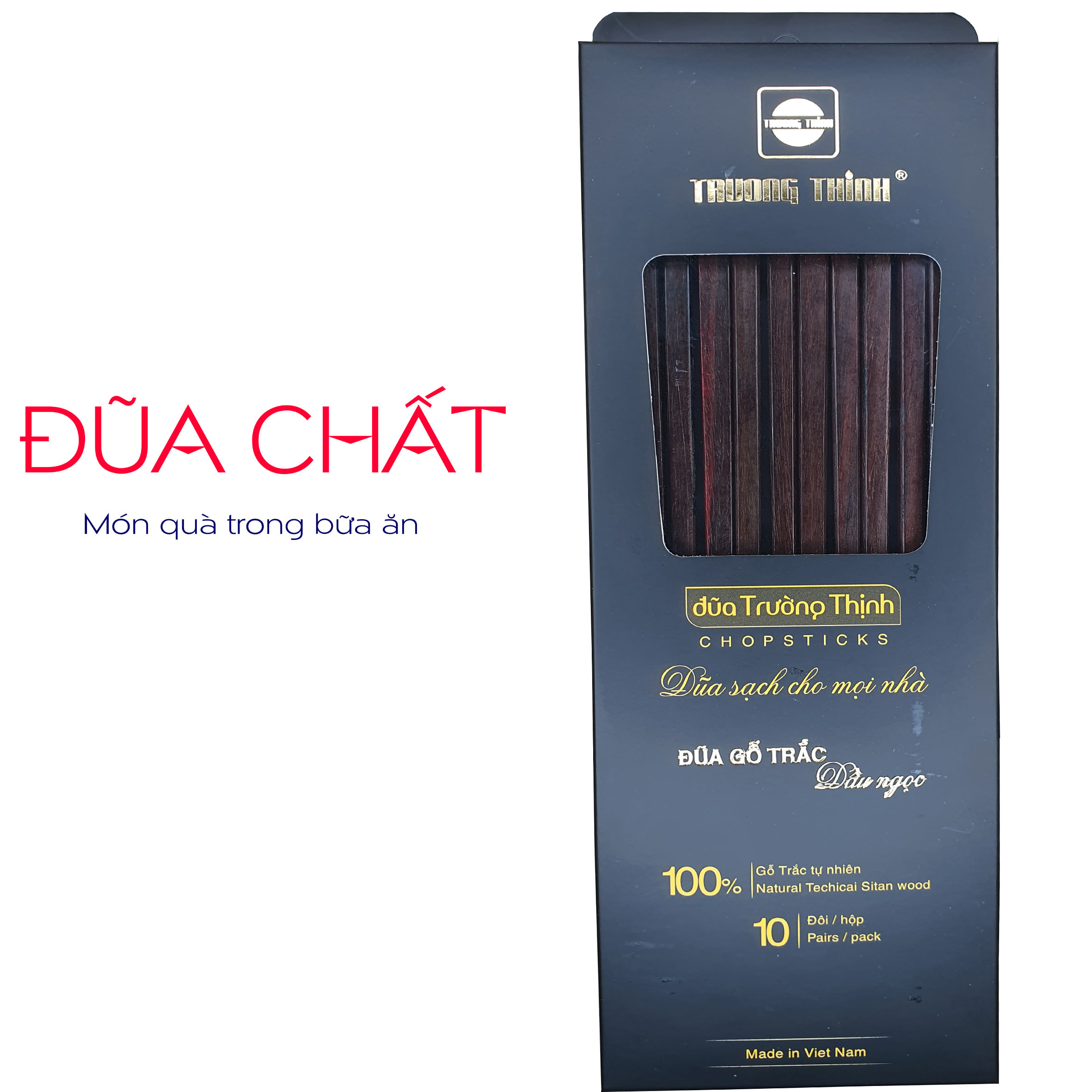 [ Hot ] Đũa Dùng Ăn 100% Gỗ Trắc Thương Hiệu TRƯỜNG THỊNH - Hộp Màu Đen - 10 Đôi Vuông Trơn.