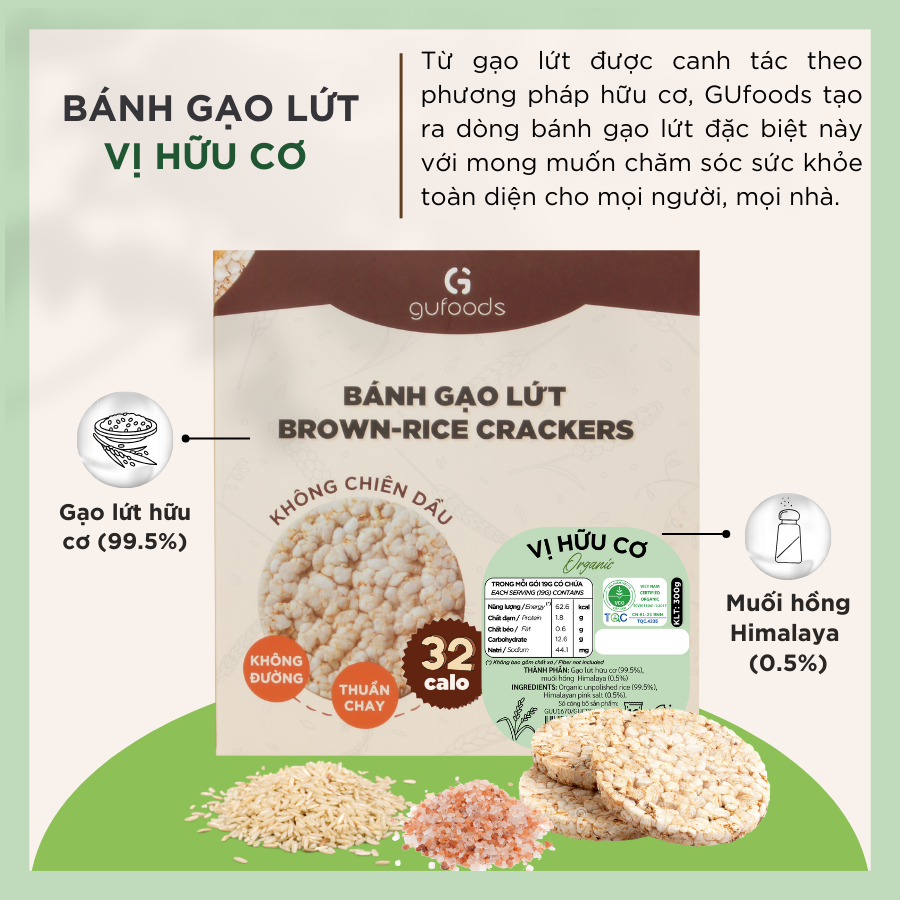 Bánh gạo lứt Hữu cơ GUfoods - Thành phần gạo lứt organic, Không đường, Không chiên dầu, Lành mạnh, Phù hợp Eat clean, Ăn vặt healthy, Thực dưỡng, Tập gym, Thuần chay