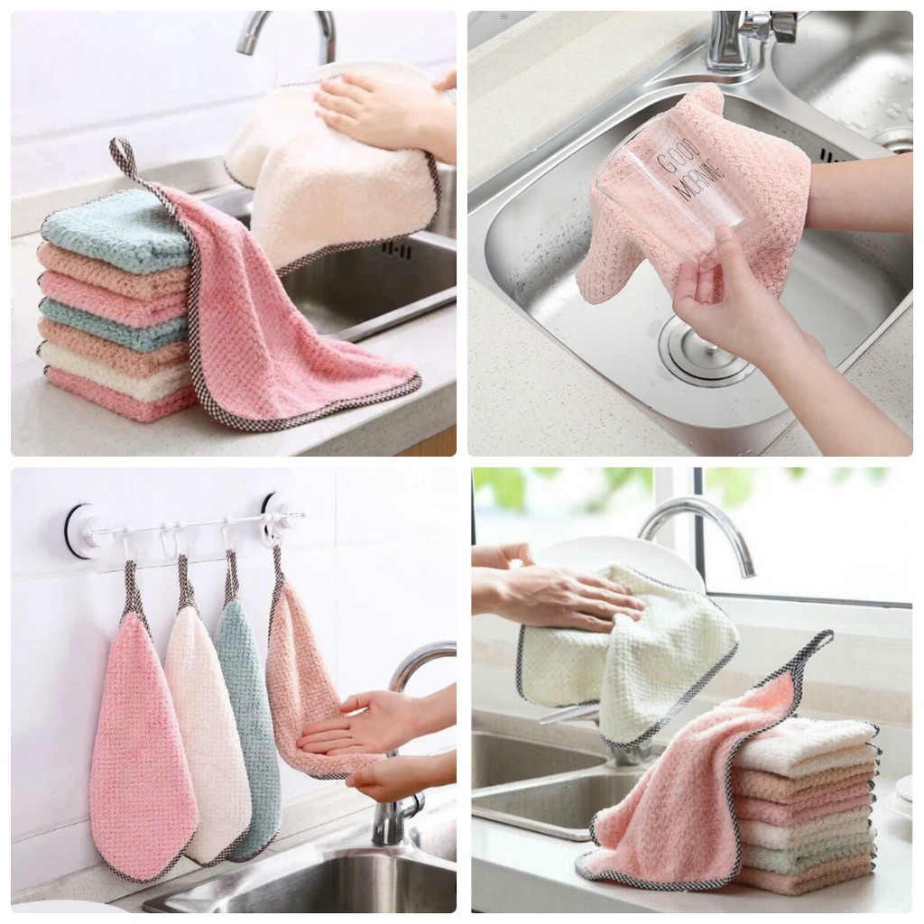 Khăn lau tay nhà bếp MẪU VUÔNG có quai treo rất mềm dùng lau chén bát, bếp, bồn rửa