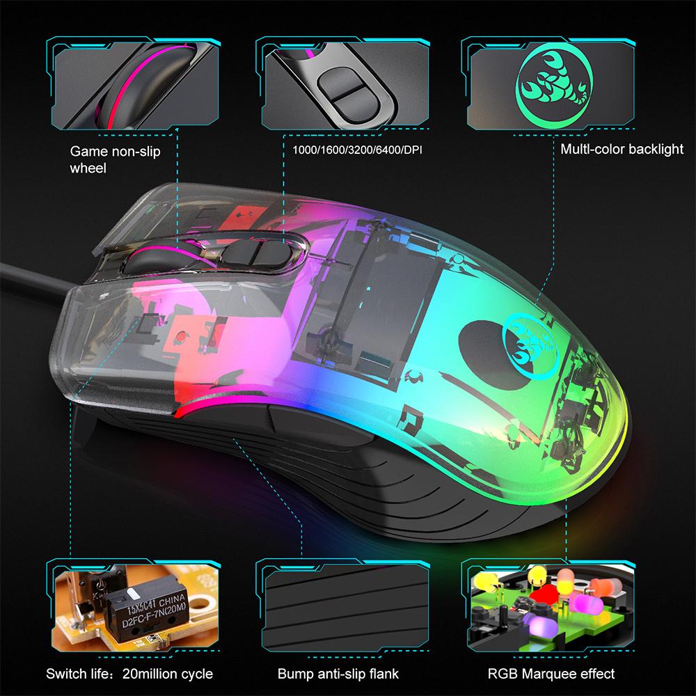 HXSJ A867 Wired Gaming Mouse DPI6400 Optical Mice RGB Backlit Office Mouse 7 Buttons Ergonomic Design