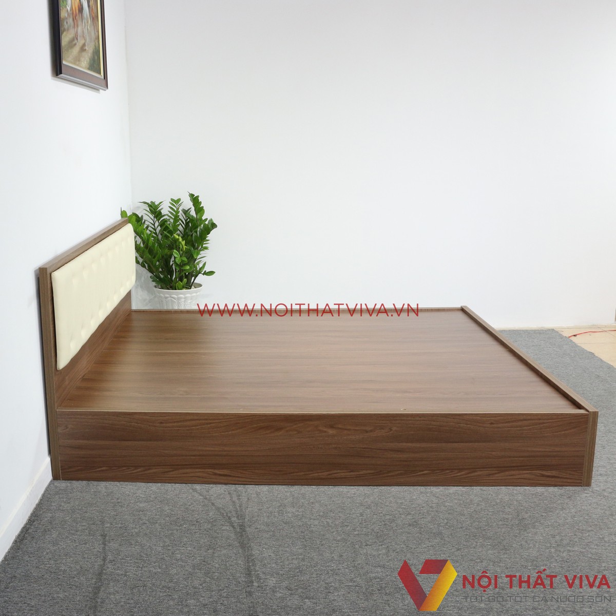 Giường Ngủ Gỗ Mdf Phủ Melamine Có Đầu Nệm Kem Hiện Đại Màu Óc Chó