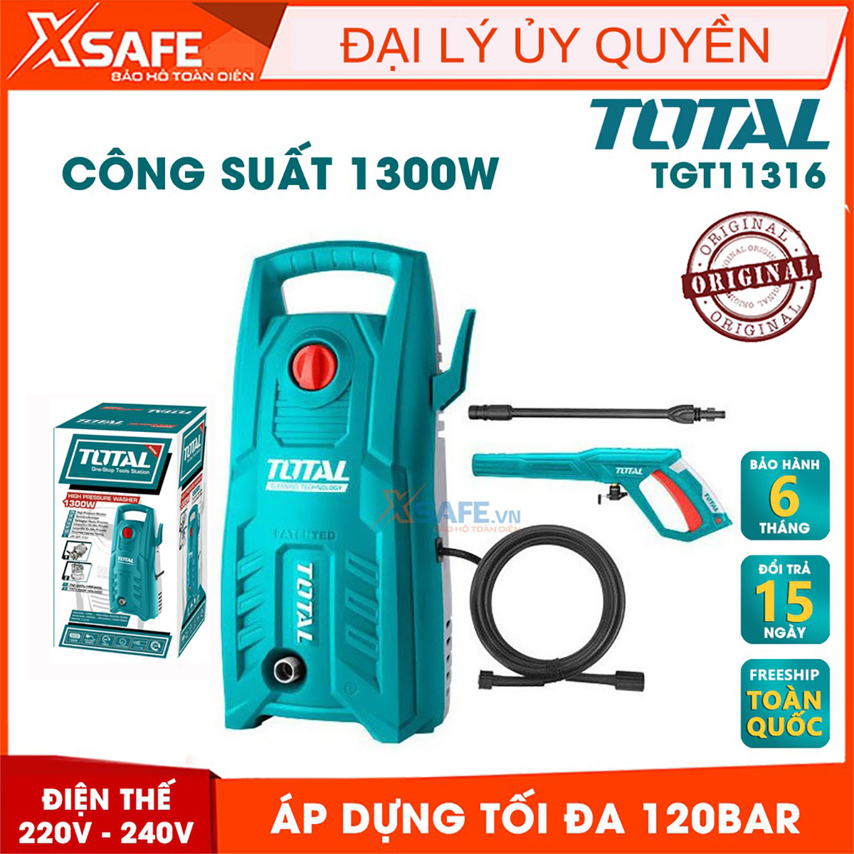 Máy xịt rửa TOTAL TGT11316 công suất 1300W áp lực tối đa 120Bar ứng dụng cho nhiều công việc, rửa xe, vệ sinh