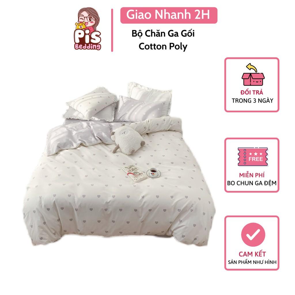 Bộ Chăn Ga Gối Cotton Poly Tim Trắng Phối Ghi