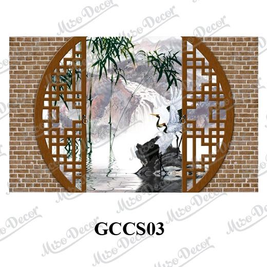 (tranh treo tường) tranh dán tường 3D cửa sổ giả cổ in decal PP