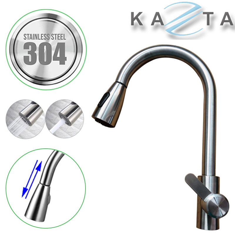 Vòi rửa bát nóng lạnh KAZTA KZ-R01 đầu rút inox 304 có nút chỉnh 2 chế độ nước-kèm 2 dây cấp nóng lạnh