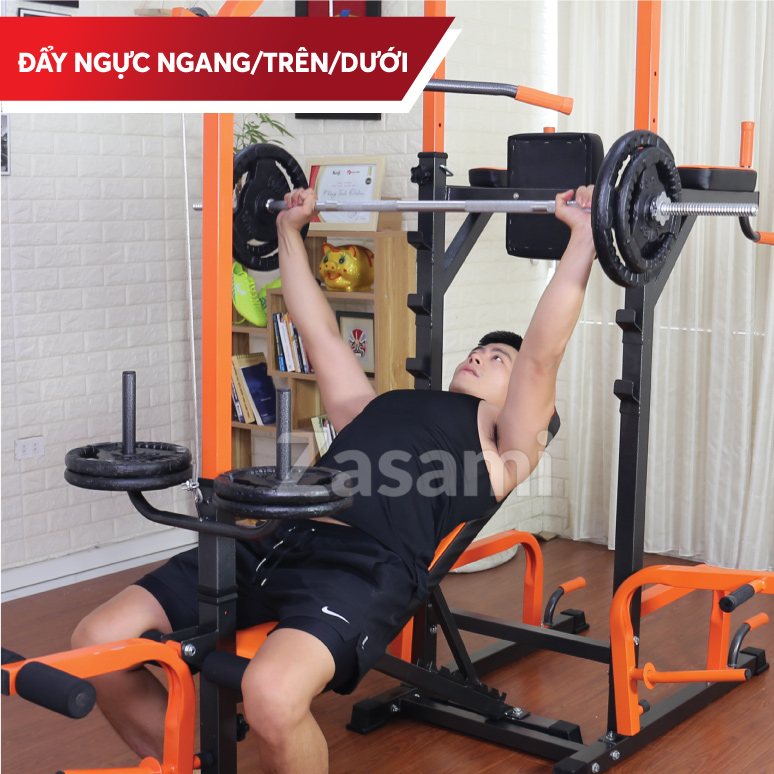 Giàn tạ đa năng kết hợp xà đơn xà kép Zasami 8215 - Kèm 50kg tạ gang, đòn 1m5 - tặng bộ tạ đeo chân