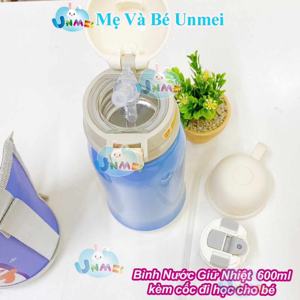 Bình Nước Giữ Nhiệt 2 Nắp Kèm Cốc Cho Bé Mang Đi Học Dung Tích 600ml