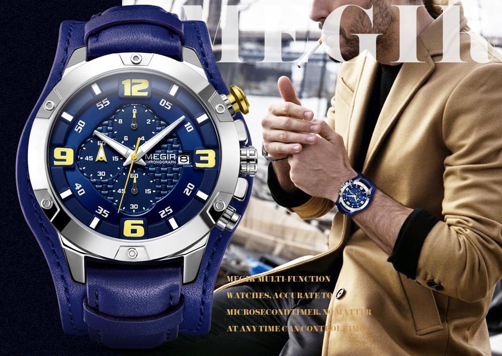 Đồng hồ nam MEGIR 2099 Quartz Sport đeo tay đơn giản Dây da 3ATM Lịch chống nước Chronograph Bàn tay dạ quang