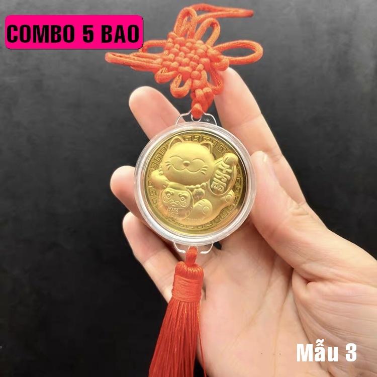 Combo 5 dây treo gắn đồng xu vàng con Mèo uy phong, quà tặng tết 2023 - Mẫu 3 - PASA COLLECTION