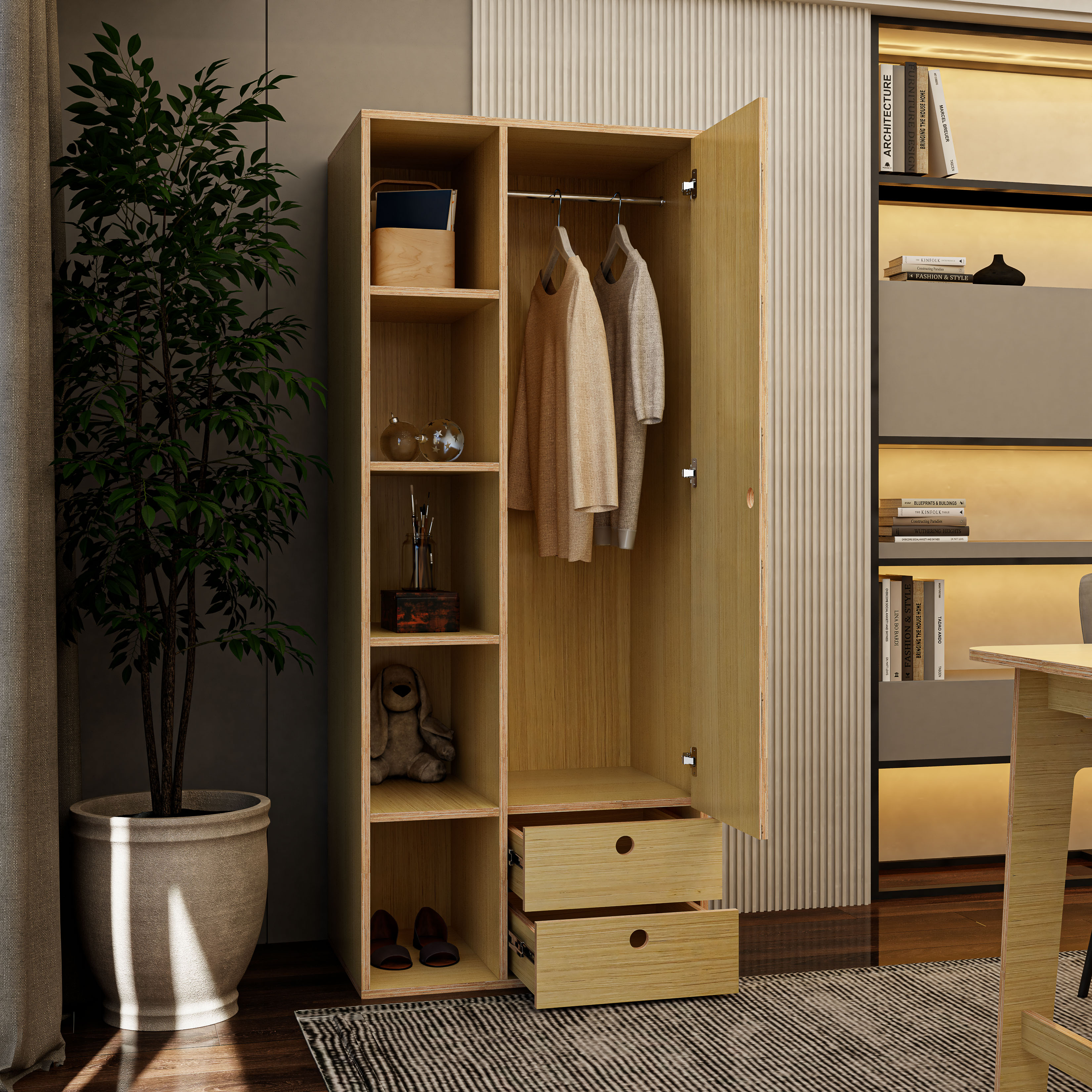 HAPPY FURNITURE , Gỗ tự nhiên , Tủ quần áo 1 cửa mở gỗ Plywood - SANARI , TCM_201 , 74cm x 54cm x 180cm DxRxC