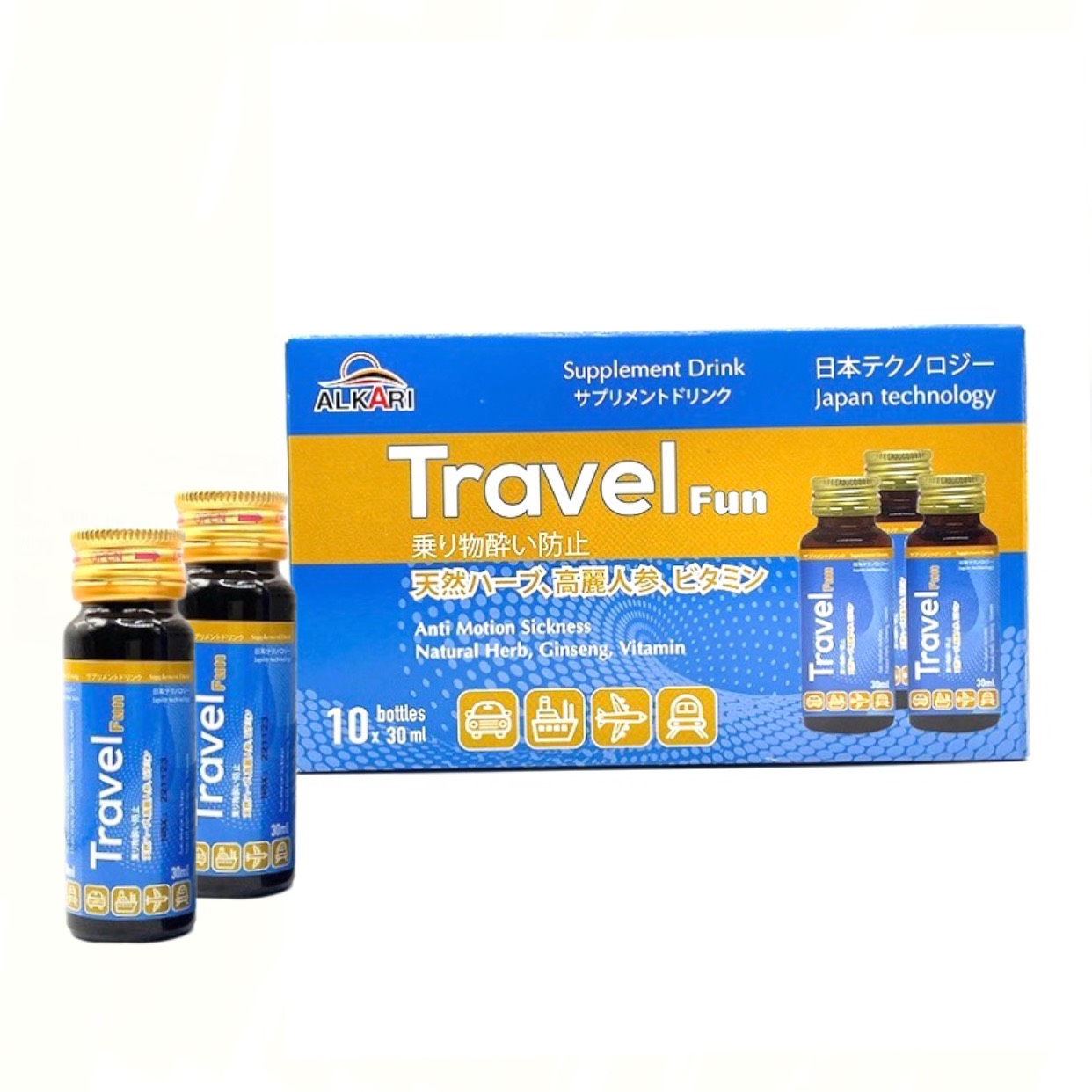 Hộp 10 chai nước Say tàu xe Alkari Travel Fun, chai 30ml