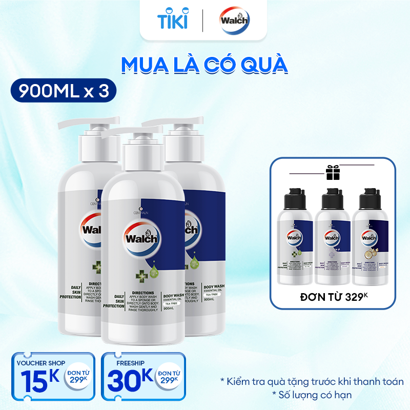 Combo 3 sữa tắm tinh dầu Walch tiêu diệt vi khuẩn, dưỡng ẩm mềm mịn, tái tạo làn da- Hương Tea Tree