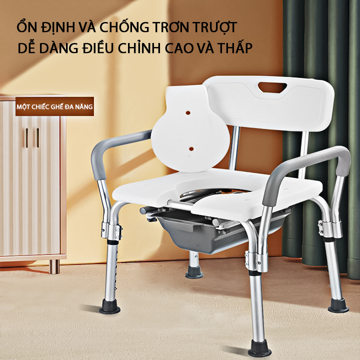 Ghế đi vệ sinh cho người già kèm ghế tắm có tay vịn tựa lưng chắc chắn, Ghế tắm cho người bệnh, Ghế đi vệ sinh kèm bô vệ sinh cho người ốm