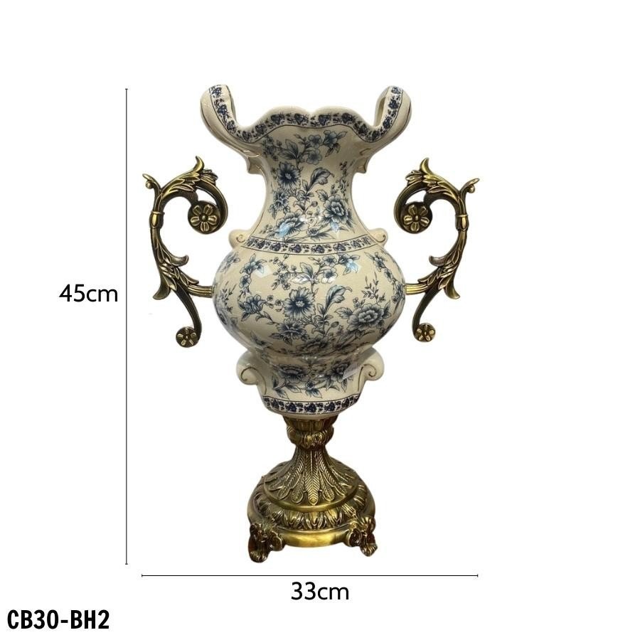 Bình hoa men sứ rạn họa tiết hoa nhí xanh CB30-BH1 mang phong cách tân cổ điển size cao 54 cm.