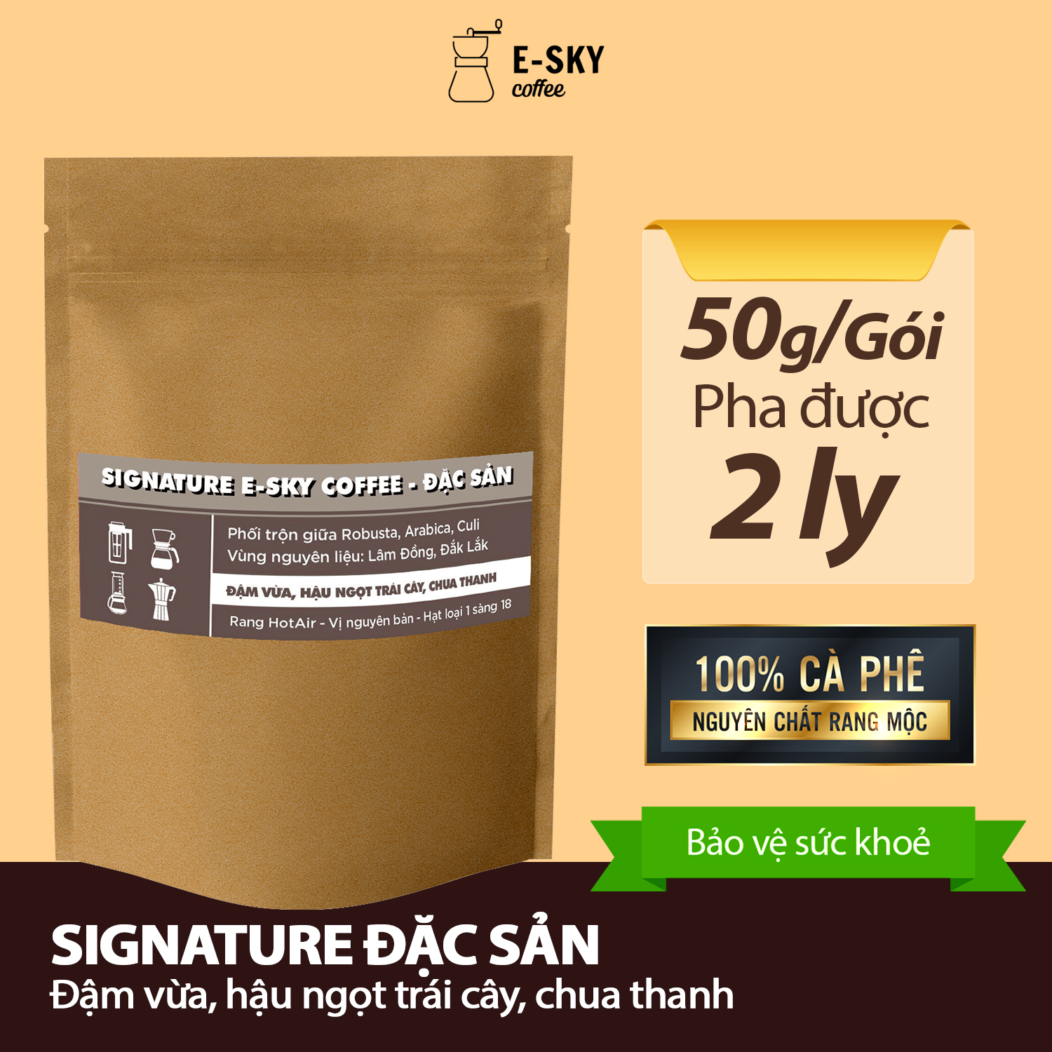 Mẫu Thử Cà Phê Rang Xay Nguyên Chất E-SKY Coffee Cafe Pha Phin 50gr