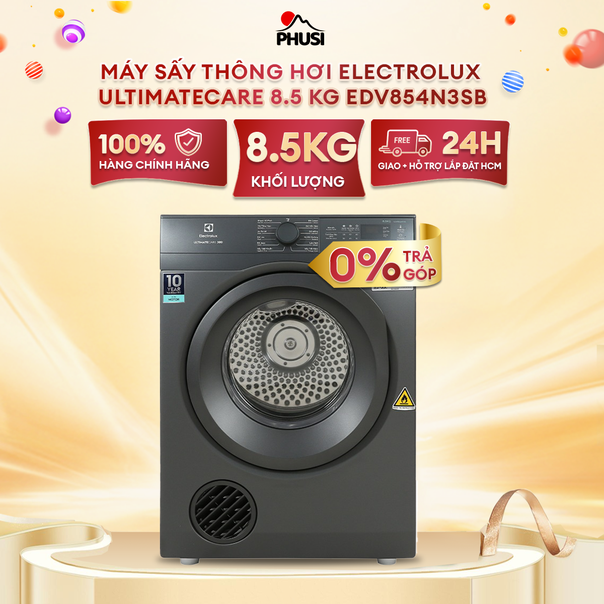 Máy Sấy Thông Hơi Electrolux 8.5kg UltimateCare 300 EDV854N3SB Màu Xám 8.5kg - Lồng giặt chuyển động luân phiên, giảm nhăn đến 32%, giảm hao mòn, giảm phai màu tới 80% [Hàng chính hãng]