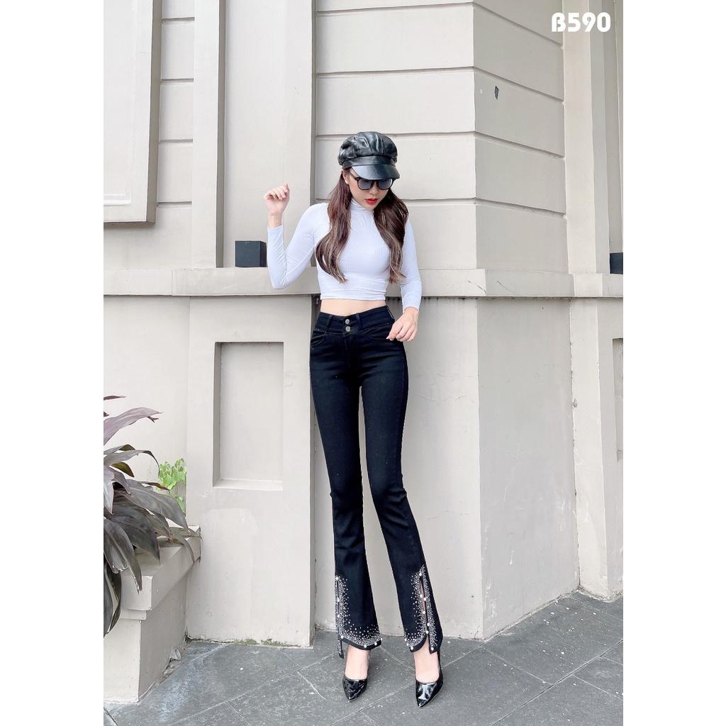 Quần Jeans Nữ Ống Loe Dài Xẻ Đính Đá Màu Đen Lưng Cao Co Giãn Đẹp Store 257