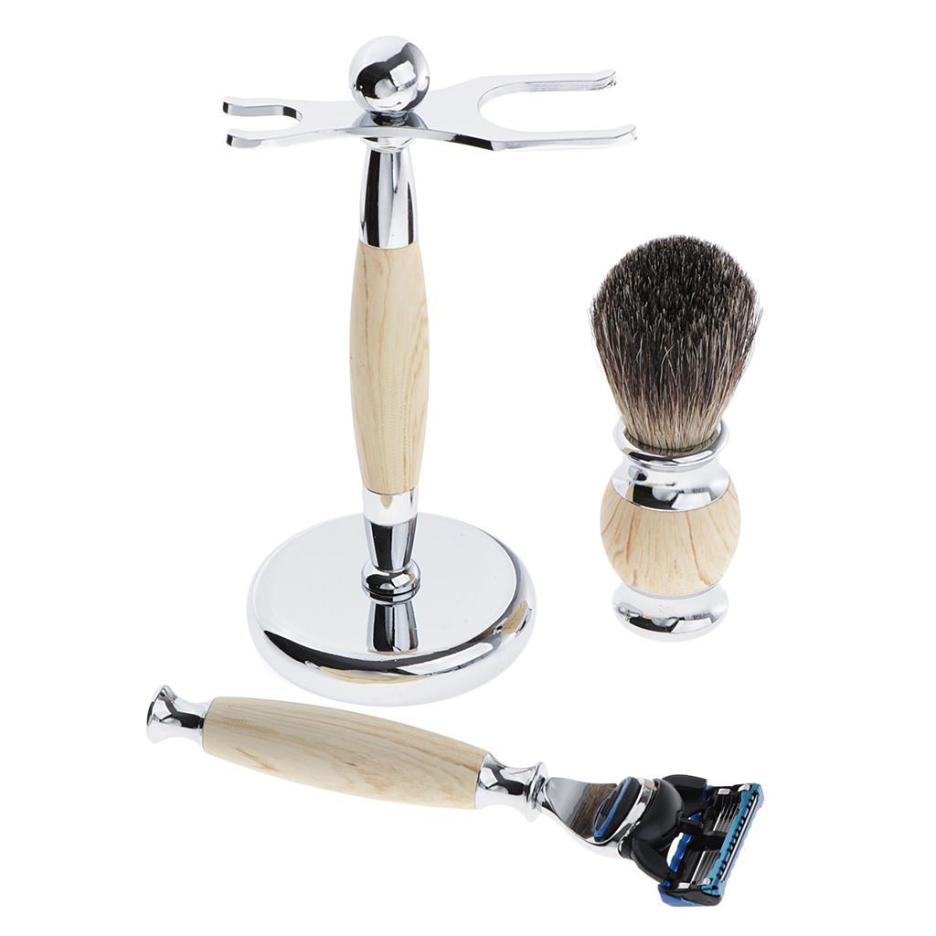 Zinc Alloy + Wood Mens Shaving Kit Gift Set W/5 Layer Blade Razors Brush & Stand Holder