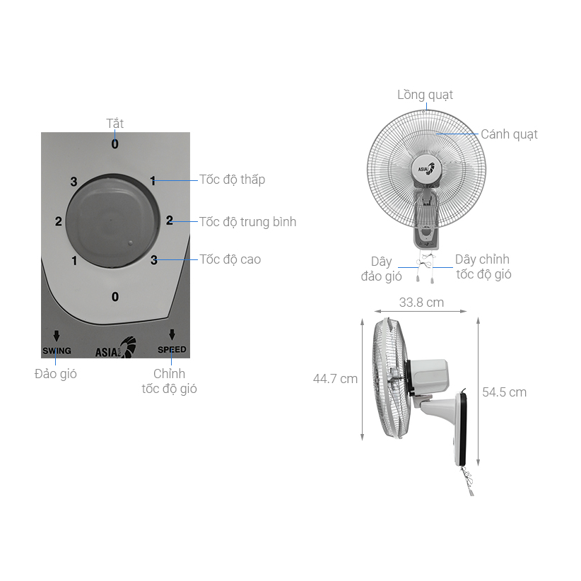 Quạt treo tường 2 dây Asia Vina 55W VY357790-Màu Xám, VY357190-Màu xanh Thiên Thanh - Hàng chính hãng