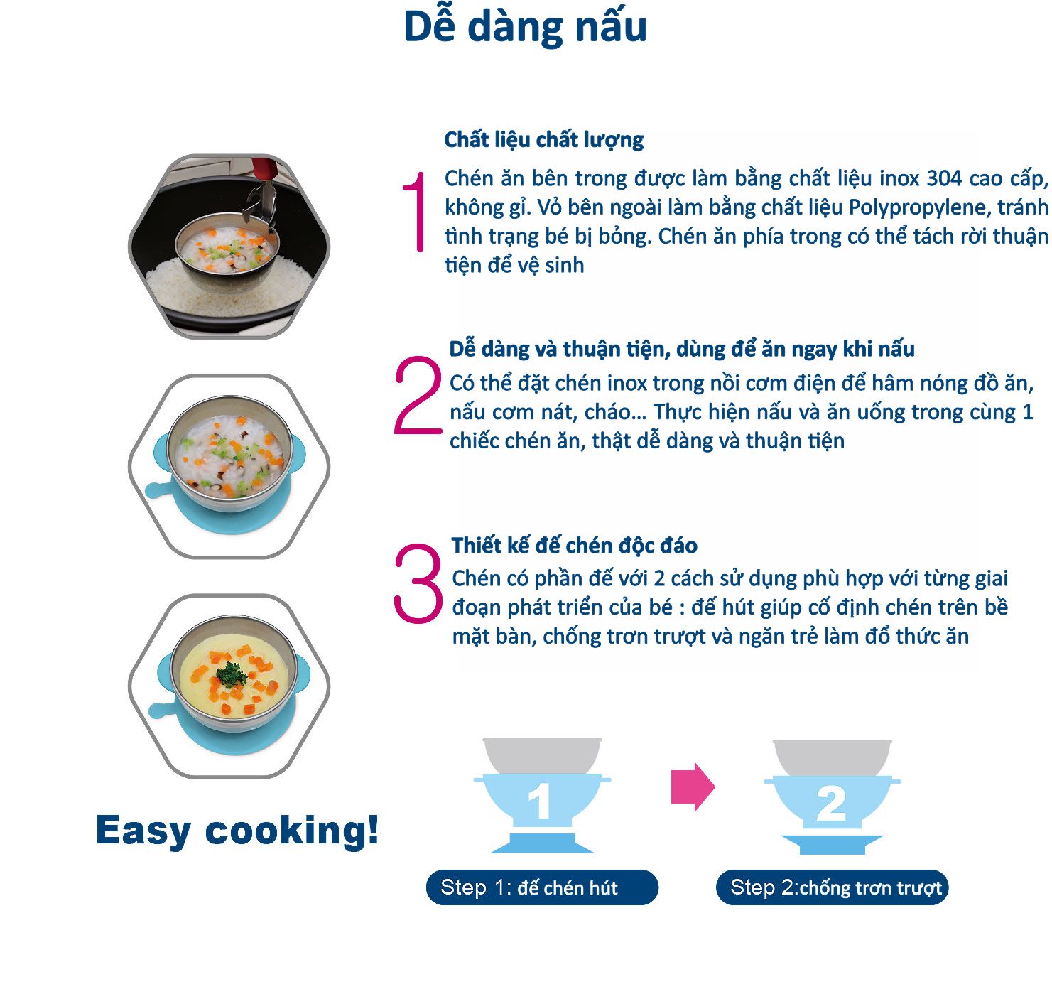 CHÉN ĂN INOX CÓ ĐẾ DÍNH KUKU - KU5464 ( CHÉN NẤU CƠM NÁT CHO BÉ )