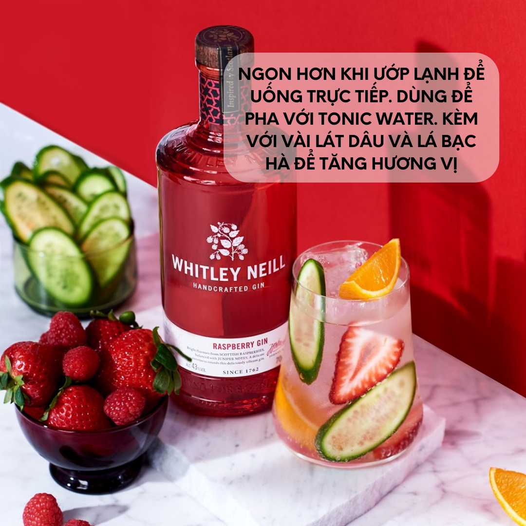 Rượu Whitley Neill Handcrafted Raspberry Gin 43% (700ml) - Không hộp