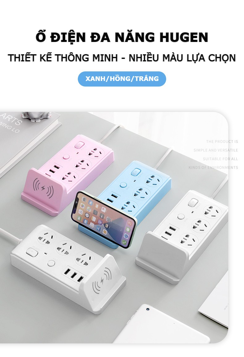 Ổ cắm điện đa năng hỗ trợ sạc không dây 3 cổng USB 3 ổ điện đa chuẩn phích cắm 2 công tắc chịu tải 2500W dây nối dài 1.8m/2.8m