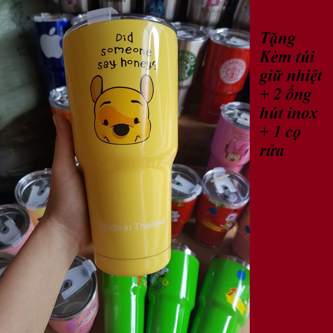 Ly Giữ Nhiệt Chân Không Cao Cấp Hình Gấu Siêu Dễ Thương Màu Vàng