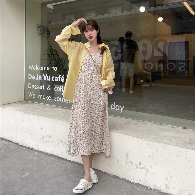 Đầm 2 dây hoa nhí vàng và hồng