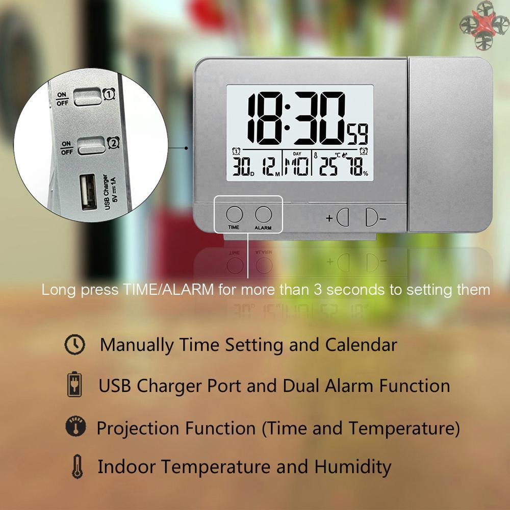 Projection Alarm Clock for Bedroom with Thermometer Hygrometer Digital Project Ceiling Clock Dimmable LED Display with USB Charger 180°Rotable with Dual Alarms 12/24H Snooze