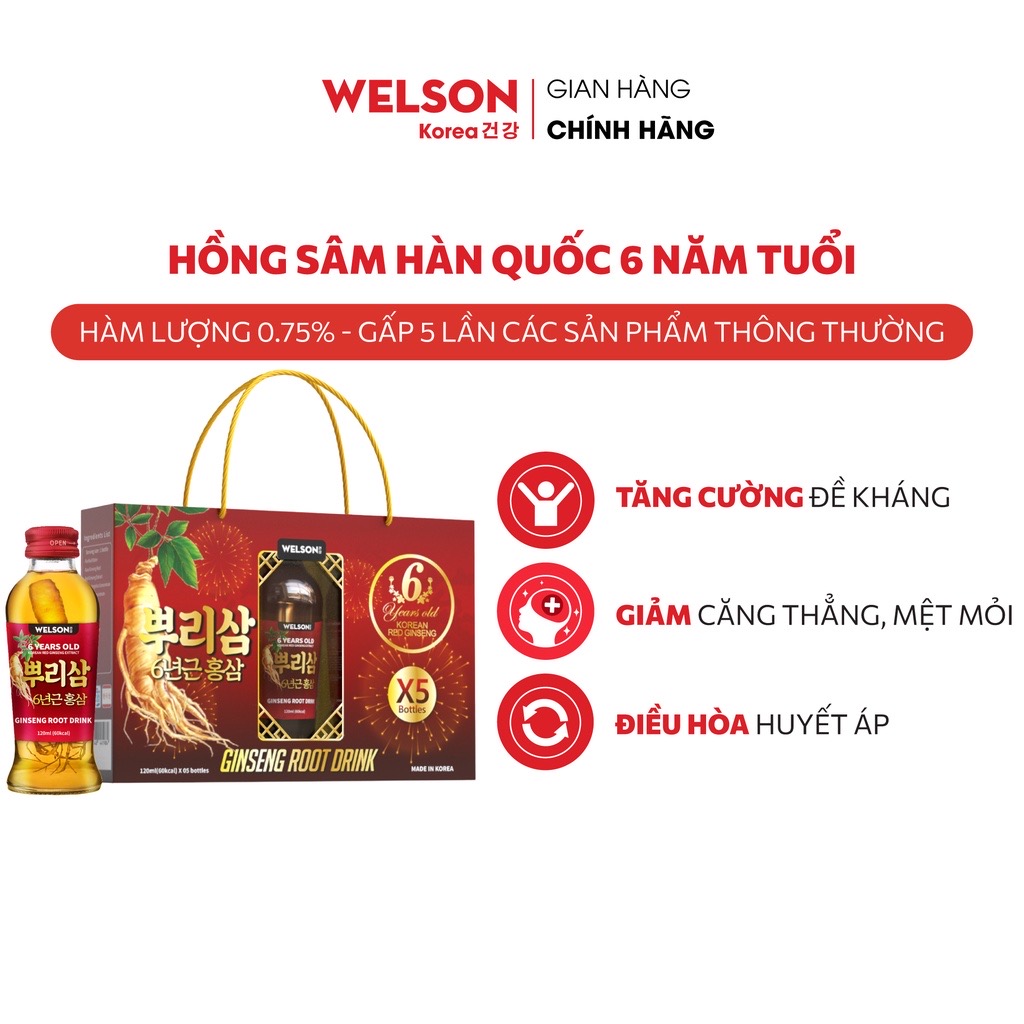 Combo 2 hộp Nước uống Nhân Sâm Nguyên Củ Welson Ginseng Root Drink 2 hộp x 5 chai 120ml