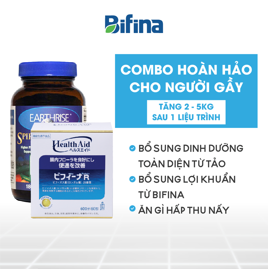 Combo tăng cân: Tảo Mặt Trời Earthrise Spirulina Gold Plus và Men vi sinh Bifina R Nhật bản 60 gói