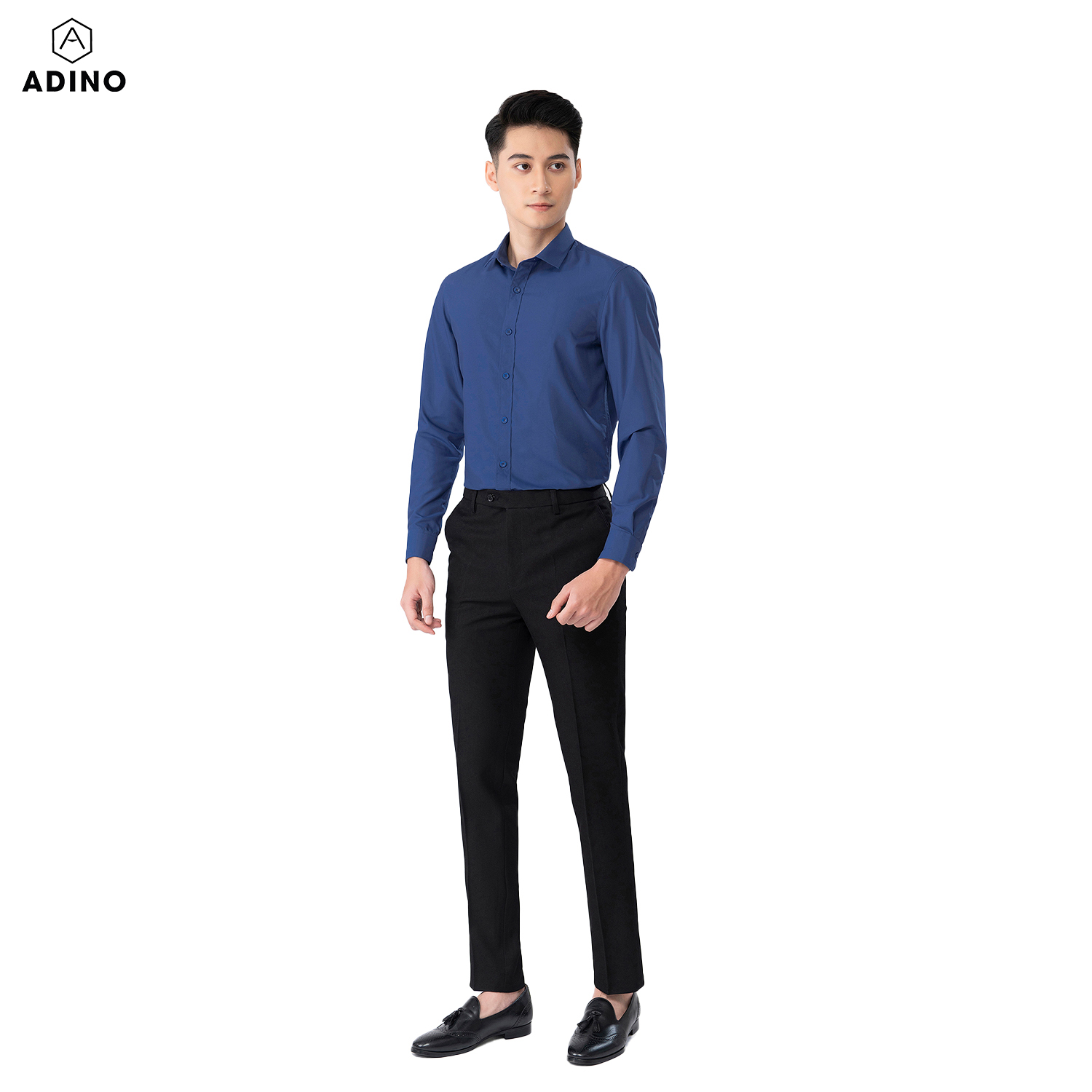 Áo sơ mi nam tay dài ADINO màu xanh than vải sợi sồi modal dáng slimfit trẻ trung S305