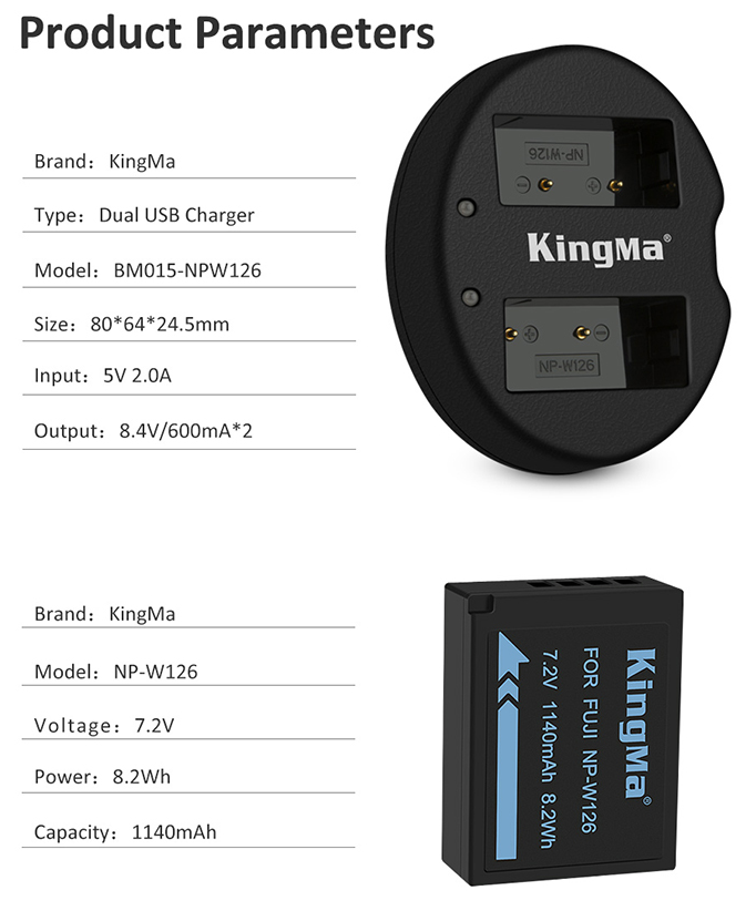 Bộ 2 pin sạc và sạc đôi KingMa NP-W126 Fujifilm XT-20, XT-10, X-A3, X-E2 Hàng chính hãng