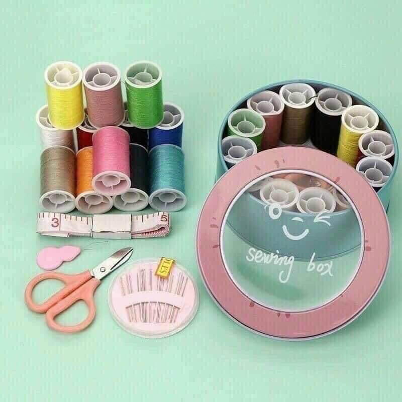 Hộp kim chỉ tròn siêu đáng yêu- đủ màu chỉ cần thiết, dây, kim các size