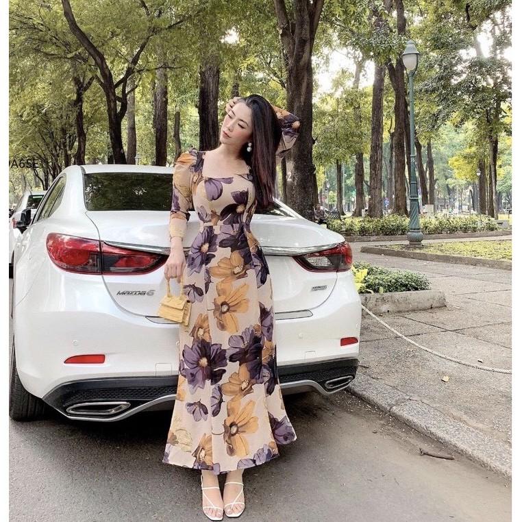 Đầm nữ ĐẦM ÔM XÒE HOA TAY LỠ CỔ VUÔNG
